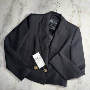 Zara Cropped Black Double-Breasted Blazer with Gold Buttons